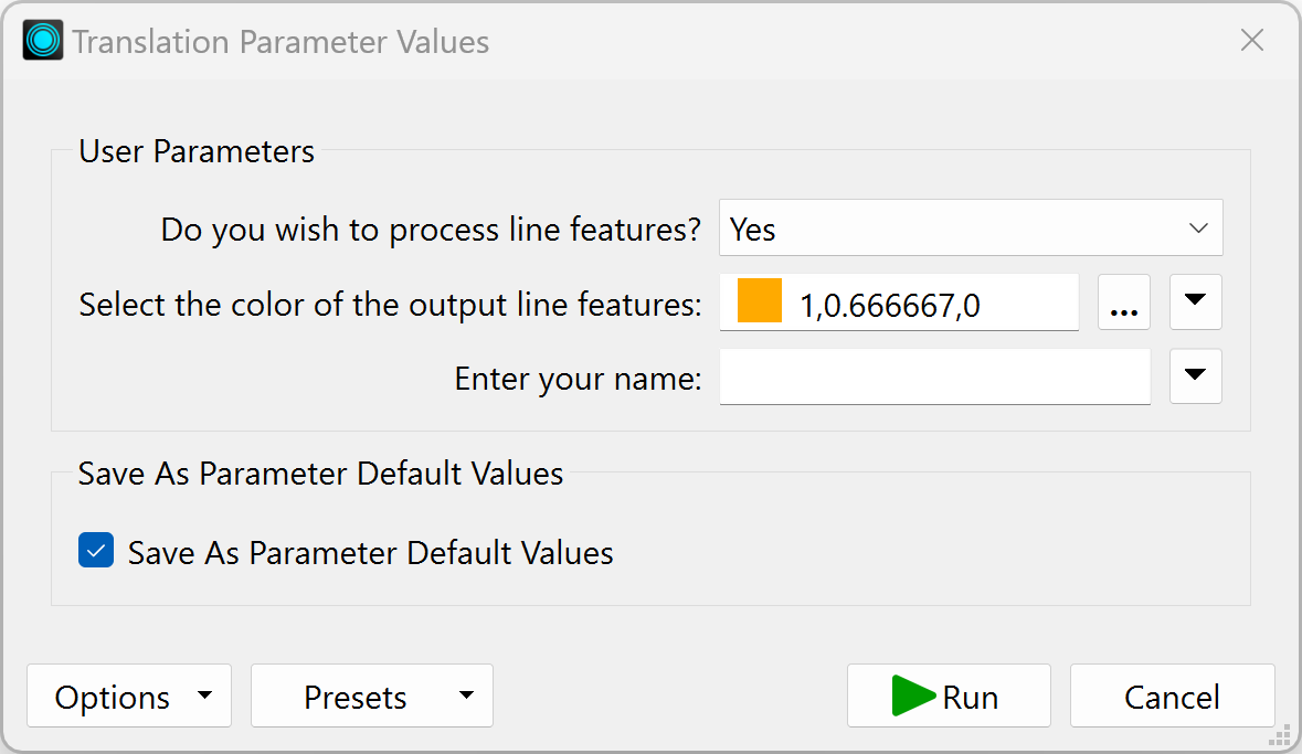 Translation Parameter Values dialog